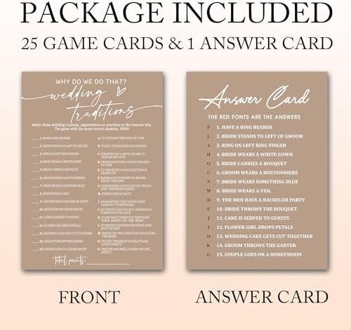 Bridal Shower Game Cards Wedding Traditions Why Do We Do That 25 Players with Answer Key | Engagement Party Games for Guests Minimalist Brown Wedding Shower Supplies - D08-3