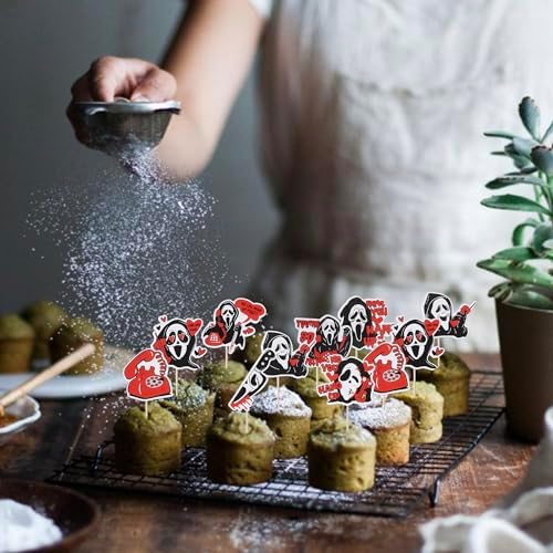 Rsstarxi 40 Pack Horror Movie Scam Cupcake Toppers Telephone No You Hang Up Killer Birthday Cupcake Toothpicks for Halloween Horror Movie Theme Birthday Party Cake Decorations Red