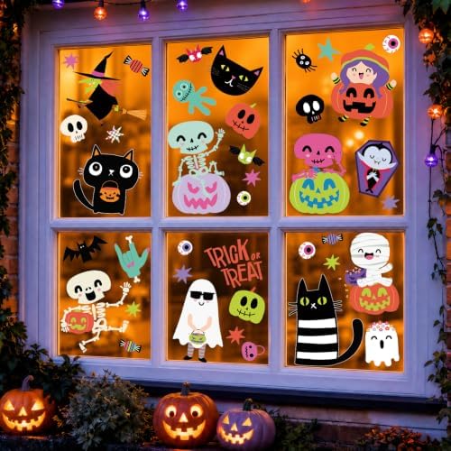 9 Sheet Halloween Window Clings for Kids, Ghost Skeleton Bat Stickers Decor