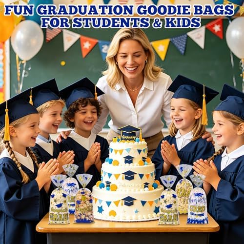 QOIUSO 100 PCS Graduation Cellophane Treat Bags - Congrats Graduates Candy Plastic Clear Goodies Wrapping Bags with 110 PCS Twist Ties for Graduation Day Grad Party Supplies