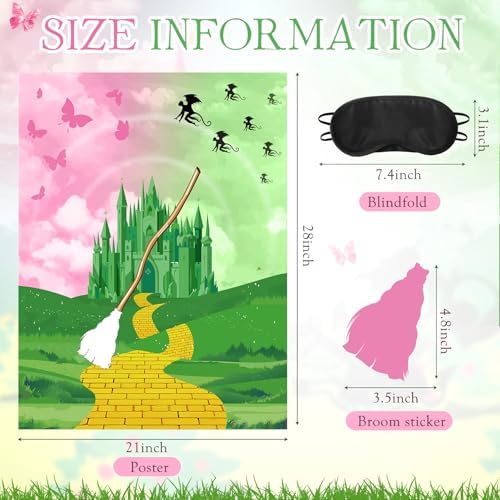 Faccito Witch Party Decorations Pin The Broom Pink and Green Games with Large Poster 24 Stickers and Blindfold Games Set for Halloween Witch Party Decorations Pink and Green Activities Supplies