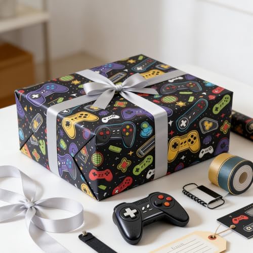 Cuitpan Gaming Wrapping Paper - 4 Jumbo Sheets, 28 * 40 Inches, Video Game Console and Black Starry Sky Design, for Boys Birthday, Gaming Party & Holiday Gifts