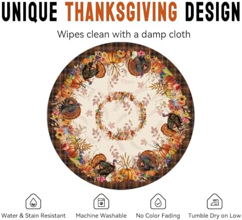 Thanksgiving Tablecloth Round 60 Inch, Stain Resistant Machine Washable Fabric Polyester Turkey Harvest Table Cloth Round Thanksgiving Tablecloth Table Cover for Kitchen Dining Party