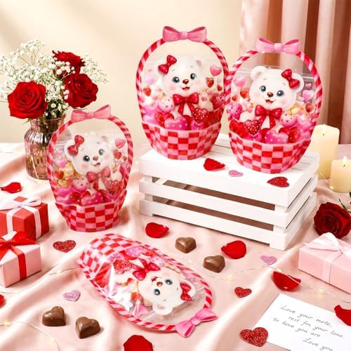 Fuutreo 50 Pcs Valentine Goodie Bags Valentine Bear Treat Bags with Handles Resealable Plastic Red Love Gift Pouches for Holiday Candy Wrapping, Party Goodie Supplies Romantic Gift Decor (Bear)