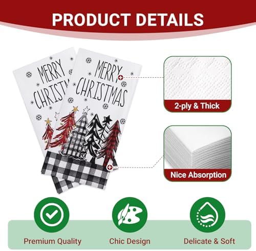100 PCS Merry Christmas Tree Disposable Paper Napkins, Xmas Bathroom