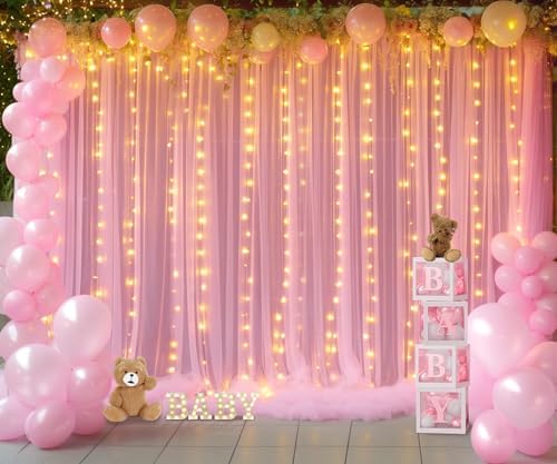 Pink Backdrop Curtains with Lights String for Baby Shower Girl Parties Sheer Tulle Backdrop Curtain Panels for Birthday Party Bridal Shower Photo Shoot Background Decorations 10×10ft (2 Panels 5×10ft)