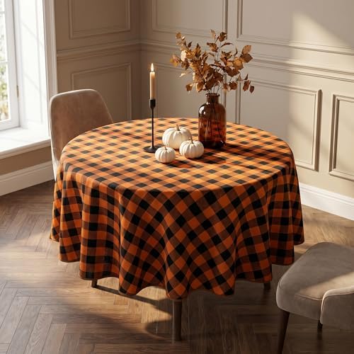 Waterproof Gingham Tablecloth, Checkered Fabric Table Cover for Kitchen Dining, Black & Orange Plaid Table Cloth, Rectangle Table Cloth for Indoor Outdoor Use, 60" Round