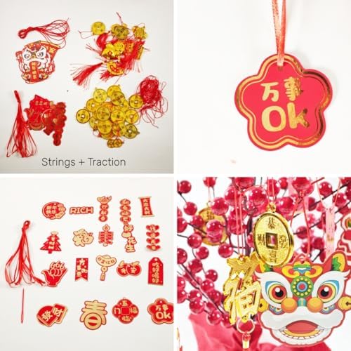 KYMY Chinese New Year Hanging Ornaments Set – 59pcs Red & Gold Lucky Decorations with Coins, Fu Charms & Lanterns, 2026 Zodiac Horse Year Spring Festival Pendants for Tree, Branch & Home Decor