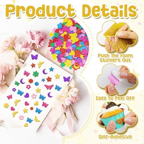 Foam Stickers, 700 PCS Glitter Foam Butterfly Flower Moon Stickers,7 Colors