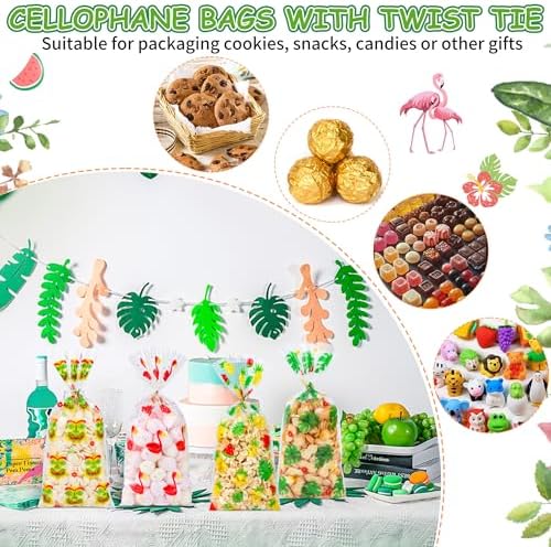 50Pcs Hawaiian Tropical Cellophane Treat Bags - 5x11 Inch Pineapple Flamingo Goodie Bags with 60 Twist Ties, Clear Plastic Candy Bag for Luau Beach Summer Party Favors, Tiki Bar & Jungle Theme Supply