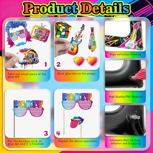 80s Inflatable Photo Frame & Props, 30Pcs Back to The 80s Photo Booth Props with Inflatable Selfie Picture Frame for 1980s Throwback Birthday Party Supplies