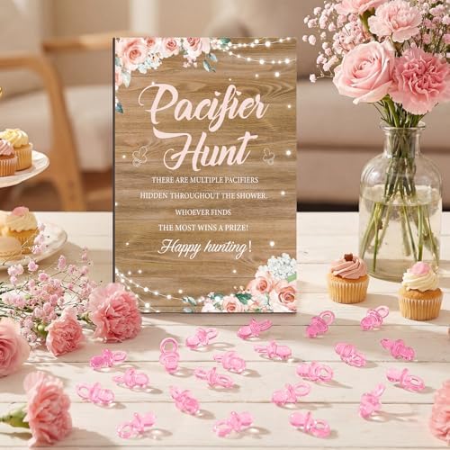 Thyle 51 Pcs Rustic Girl Baby Shower Game Floral Pacifier Hunt Sign and 50 Acrylic Pacifiers for a Sweet Little Girl Is on Her Way Baby Shower Decorations Floral Gender Reveal Pregnancy Party Supplies
