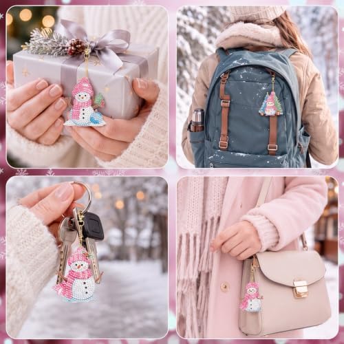 Ferraycle 12 Pcs Diamond Art Christmas Ornaments Snowman Diamond Painting Kit 5d DIY Art Keychains Winter Hanging Ornaments for Kids Winter Home Crafts Decorations(Pink)