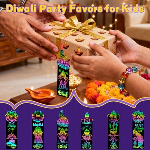 AUGSUN 96Pcs Diwali Scratch Art Bookmarks Indian Crafts for Kids