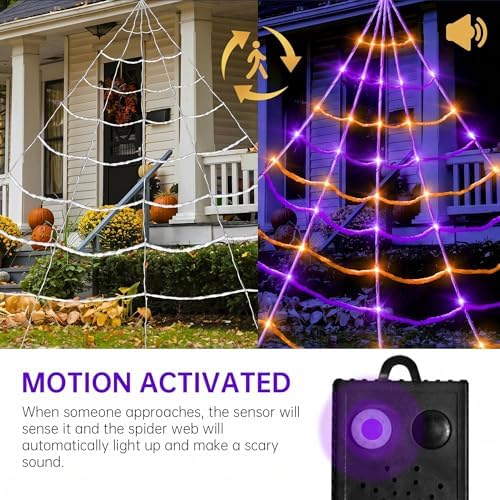 [Motion Activated Lighting&Speaking] 5Ft Giant Spider 20 * 17FT Halloween Spider Web 150 Led Purple&Orange Lights Light Up Lighted Waterproof with 200sqft Cobweb for Outdoor Decor Yard Decoration