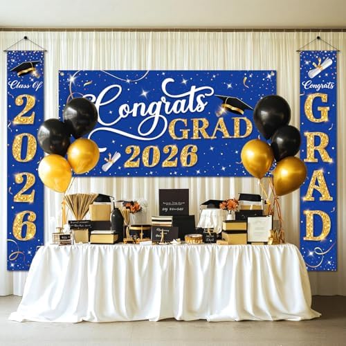 Class of 2026 Graduation Decorations, 3 Pcs Blue Gold Congrats Grad Banner and Backdrop Set with 1 Photo Backdrop and 2 Hanging Banners for Indoor Outdoor Party Decor
