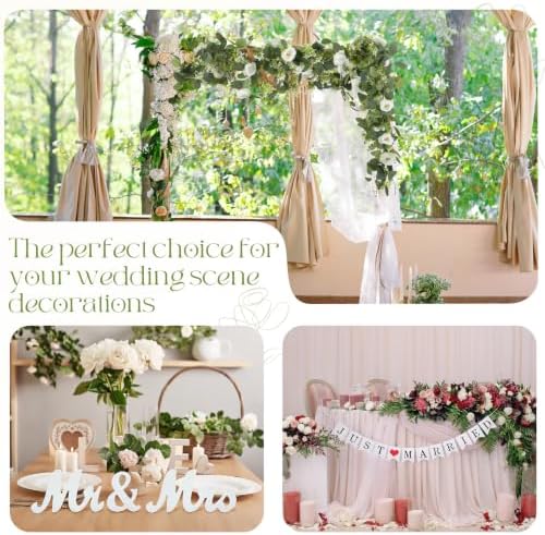5 Pcs Just Married Decorations Kit, All-in-one Wedding Decor with 10.5 x 8.2ft White Tulle Backdrop with Lights, Mr and Mrs Sign, 2 Flower Garlands, Wedding Banner for Reception, Party