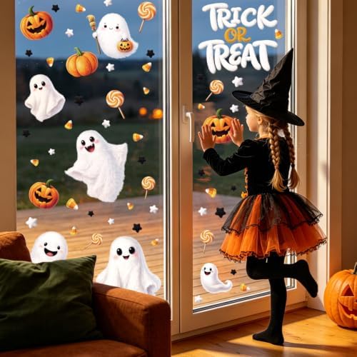 SULOLI 8 Sheet Halloween Window Clings, Plush Ghost Reusable Window Decals
