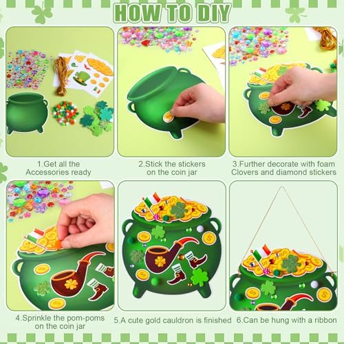 Funrous 48 Sets Crafts Kit Paper Crafts DIY Make Your Own Hanging Ornaments with Pompoms Diamond Stickers for Holiday Classroom Activities Party Favors, St. Patrick's Jar