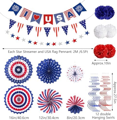 4th of July Patriotic Decorations Set Paper Fans Pom Poms Hanging Swirls USA & Pennant Banners Star Streamer Red White Blue Independence Memorial Day Veterans Day Party Decor Supplies