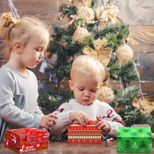 Blulu 12 Pack Christmas Gift Boxes with Lids Present Candy Cookie Boxes Christmas Gift Box with Ribbon Xmas Holiday Cupcakes Box for Pastries Donuts Treat Gifts Party Favors, 6.7 x 6.7 x 3.5 Inches