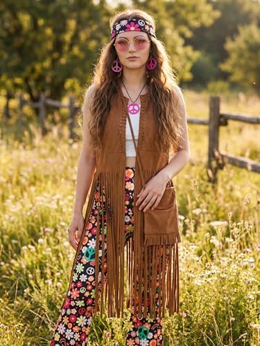 SOMSOC 7 Pieces 60s 70s Women Hippie Costume Fringe Vest Bag Pant Headband for Disco