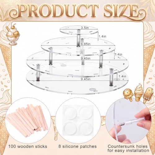 Gejoy 3 Tier Cakesicle Stand Acrylic Ice Pop Holder Display Round Lollipop Stand with 100 Sticks for Dessert Table Birthday Candy Bar Wedding Anniversary Celebrations Party Decor