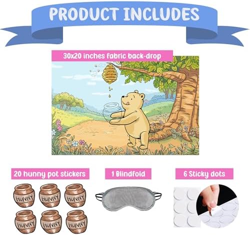 Winnie Catch Hunny for Pooh Fun Party Game for Pooh Baby Shower Birthday Decorations, Pin The Hunny Pot on Bear Poster with 20 Honey Pot Stickers and Blind Fold.