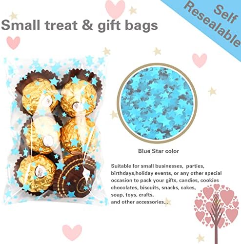 COQOFA 100 Pcs Star Printed Sealable Gift Wrap Cello Cellophane Bags Self sealing Adhensive Treat Bags Party Favor bags (7x10inch, Blue)