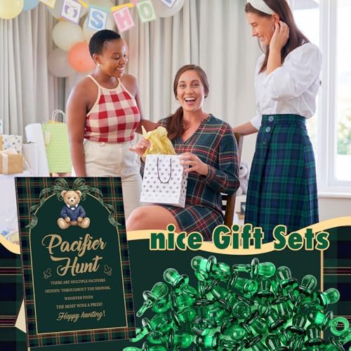 Thyle 51 Pcs Blue Green Tartan Plaid Baby Shower Games We Can Bearly Wait Pacifier Hunt Include Hunt Sign and 50 Acrylic Pacifiers for Baby Shower Game Decoration Gift Sets Gender Reveal Party Decor