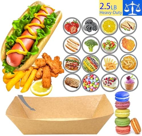 50 Pack 2.5lb Kraft Paper Food Trays, Disposable Paper Food Boat Heavy-Duty Food Serving Basket Tray for Snack Hot Dog French Fries Nachos Taco Popcorn BBQ Party Picnic Wedding Party