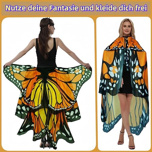 Adult Butterfly Costume Women Monarch Butterfly Wings Cape Shawl Halloween 3Pcs Mask Hairband