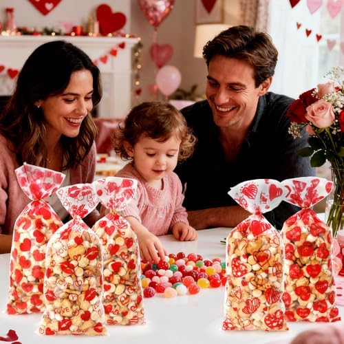 100 PCS Valentines Cellophane Bags(5x11 Inch) with Ties for Candy Goodie Treat Snack Goody Cookie Small Gifts Wrap Plastic Ziplock Bag Baggies Pouch Valentine Galentine Party Favors Supplies Decor