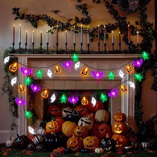 20FT 40LED Halloween Lights Outdoor Indoor Pumpkin Bat Spider Ghost Halloween String Lights Battery Operated, 8 Light Modes Waterproof Fairy Lights Decorations for Home Yard Window Party Outside Decor