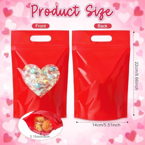 Engrowtic 100 Pcs Red Heart Treat Bags Resealable Red Zipper Bag with Heart Shaped Windows Plastic Gift Goodie Bags with Handles for Wedding Party Favor Supplies