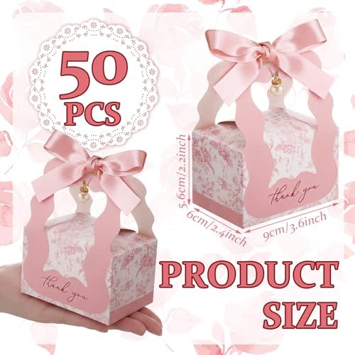 ForraFun 50 Sets Floral Wedding Favor Boxes with Pearl Pendant Bow, Pink