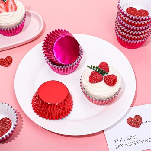 JarThenaAMCS 200Pcs Red Pink Foil Cupcake Liners Foil Metallic Baking Cups Cupcake Wrappers Muffin Liners for Valentine Christmas Birthday Wedding Party Supplies