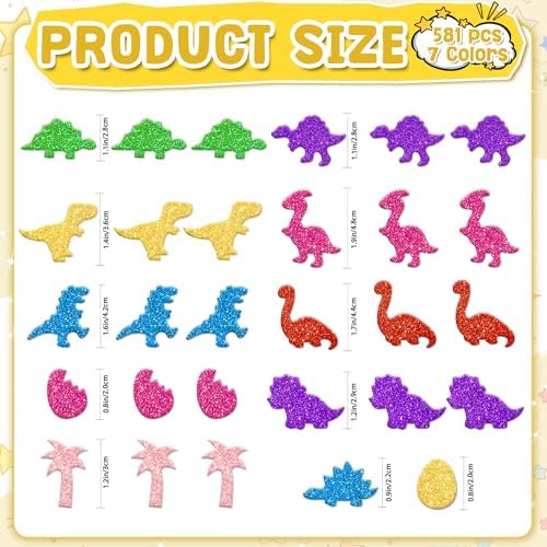 Foam Stickers, 581 PCS 3D Glitter Foam Dinosaur Stickers, 7 Colors