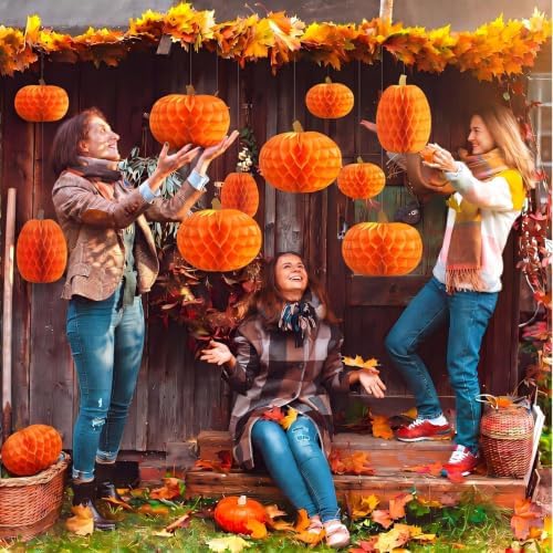 Gueevin 30 Pcs Fall Pumpkin Hanging Decorations Thanksgiving Pumpkin Honeycomb Balls Lanterns for Harvest Thanksgiving Party Supplies Indoor Outdoor Halloween Decor
