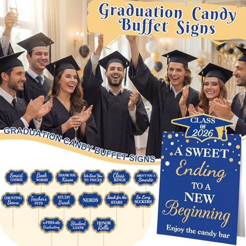 Spakon 24 Pcs Grad Candy Buffet Labels with Stand, Table Signs, Blue Gold