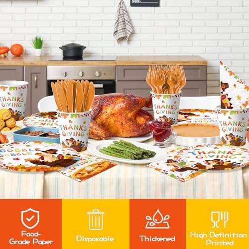 Thanksgiving Turkey Party Tableware Decorations Happy Thanksgiving Day Gobble Turkey Pie Disposable Paper Plates,Napkins,Cups,Forks and Knifes,Serve 24 for Autumn Themed Party Supplies Kit