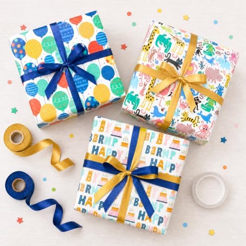 Bafeil Happy Birthday Wrapping Paper Roll Set 3 Roll with Cutting Line