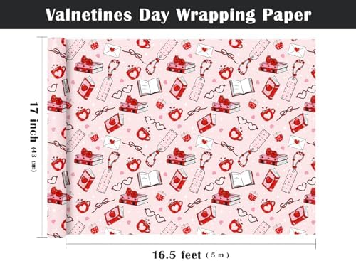 WRAPAHOLIC Valentines Day Wrapping Paper Roll - Mini Roll - 17 Inch x 16.5 Feet - Pink Love Hearts, Roses, Book Wrapping Paper, Perfect for Valentine’s Day, Wedding, Anniversary
