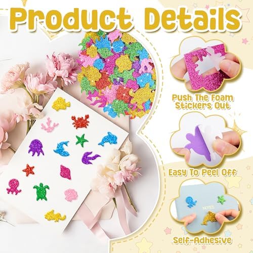 Foam Stickers, 651 PCS 3D Glitter Foam Ocean Sea Animal Stickers, 7 Colors