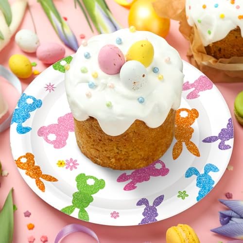 Whaline 40 Pcs Easter Bunny Paper Plates Disposable Plates 9 Inch Sparkly Colorful Rabbit Dessert Plates Flower Party Tableware for Spring Birthday Baby Shower Table Supplies