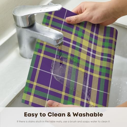 Artoid Mode Purple Striped Check Mardi Gras Vinyl Placemats Set of 4,Heat Resistant Non-Slip Woven Plastic PVC Place Mat for Party Kitchen Dining Decor