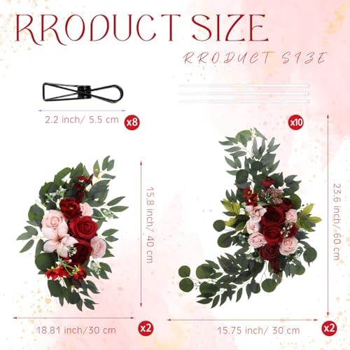 Hotop Wedding Arch Flowers Set of 4 Artificial Faux Floral Swag, Rose Red