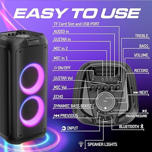 Philips Bluetooth Party Speaker, 120W Powerful Sound with Dynamic Bass Boost, 10 RGB Light Modes, Karaoke Mic & Guitar Inputs, FM Radio, USB/TF/AUX Playback, Portable Handle, Remote Control (Cordless)