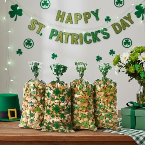 eowqeiur 100 PCS St Patricks Day Treat Bags(5x11 Inch) Green Shanrock Cellophane Bags for Cookie Candy Goodie Goody Snack Gifts Wrap Clover Spring Baggies Pouch St Patricks Party Favors Supplies