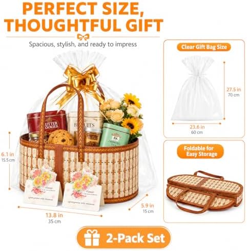 4Pcs Gifts Baskets Empty to Fill for Christmas Mother's Day Birthday Party Baby Baptisms Thanksgiving New Year, Foldable Bamboo Woven Bulk Gift Basket Set with Handle, Cute Large Baskets Gift Kit